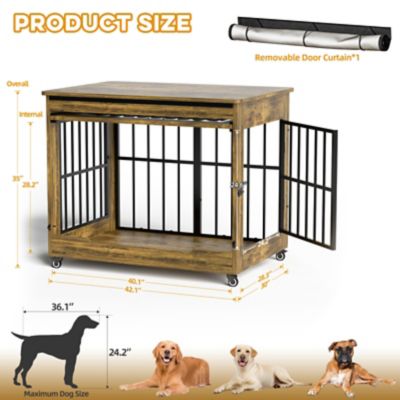 Image showing  42 in. Wooden Dog Crate Furniture, Double Door Kennel End Table with Wheels for Large Breed Dogs, Size XL, Rustic Brown