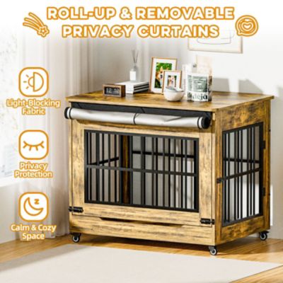 Image showing  42 in. Wooden Dog Crate Furniture, Double Door Kennel End Table with Wheels for Large Breed Dogs, Size XL, Rustic Brown