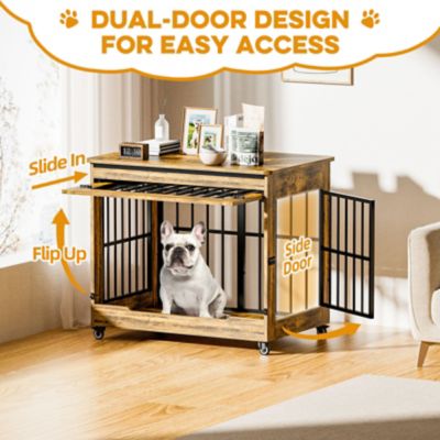 Image showing  38 in. Wooden Dog Crate Furniture, Double Door Kennel End Table with Wheels for Large/Medium Dogs, Size L, Rustic Brown