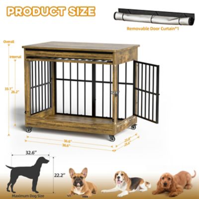 Image showing  38 in. Wooden Dog Crate Furniture, Double Door Kennel End Table with Wheels for Large/Medium Dogs, Size L, Rustic Brown