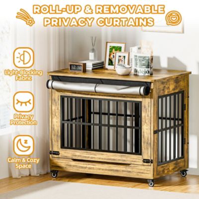 Image showing  38 in. Wooden Dog Crate Furniture, Double Door Kennel End Table with Wheels for Large/Medium Dogs, Size L, Rustic Brown