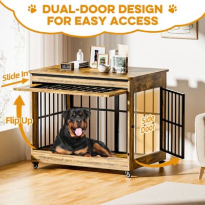 Image showing  46 in. Wooden Dog Crate Furniture, Double Door Kennel End Table with Wheels for Extra Large Dogs, Size 2XL, Rustic Brown