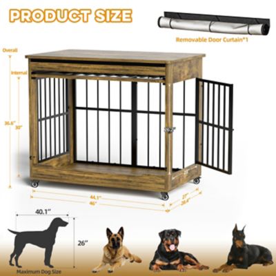 Image showing  46 in. Wooden Dog Crate Furniture, Double Door Kennel End Table with Wheels for Extra Large Dogs, Size 2XL, Rustic Brown