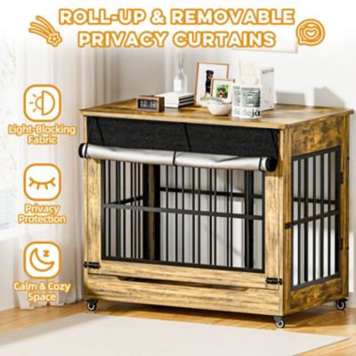Image showing  46 in. Wooden Dog Crate Furniture, Double Door Kennel End Table with Wheels for Extra Large Dogs, Size 2XL, Rustic Brown