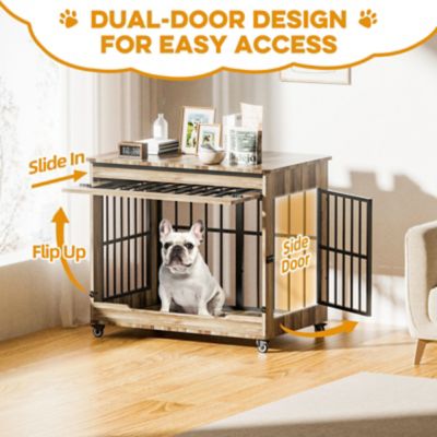 Image showing  38 in. Wooden Dog Crate Furniture, Double Door Kennel End Table with Wheels for Large/Medium Dogs, Size L, Greige
