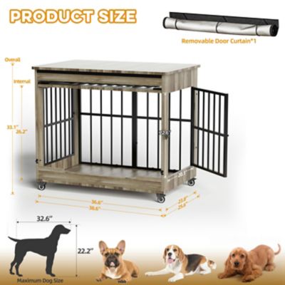 Image showing  38 in. Wooden Dog Crate Furniture, Double Door Kennel End Table with Wheels for Large/Medium Dogs, Size L, Greige