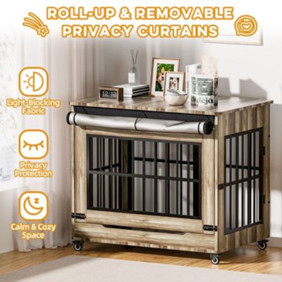 Image showing  38 in. Wooden Dog Crate Furniture, Double Door Kennel End Table with Wheels for Large/Medium Dogs, Size L, Greige