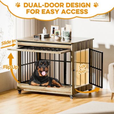 Image showing  46 in. Wooden Dog Crate Furniture, Double Door Kennel End Table with Wheels for Extra Large Breed Dogs, Size 2XL, Greige