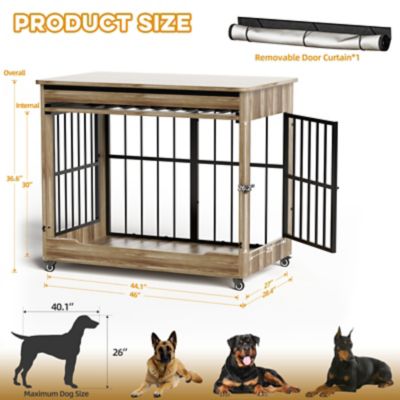 Image showing  46 in. Wooden Dog Crate Furniture, Double Door Kennel End Table with Wheels for Extra Large Breed Dogs, Size 2XL, Greige