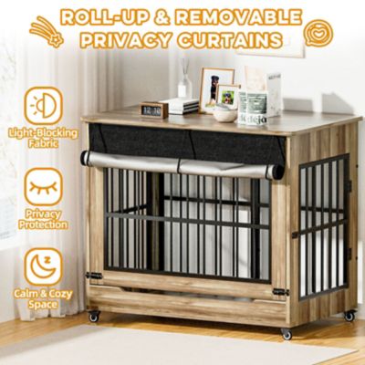 Image showing  46 in. Wooden Dog Crate Furniture, Double Door Kennel End Table with Wheels for Extra Large Breed Dogs, Size 2XL, Greige