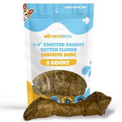 Hotspot Pets Knotted 8 to 9 in. Peanut Butter Flavor Rawhide Bone Dog Treats, 3 ct.