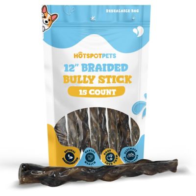 Hotspot Pets 12 in. Premium Individually Wrapped Braided Bully Sticks Dog Treats, 15 ct.