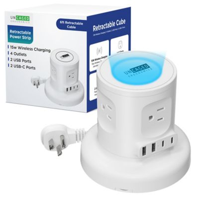 Uncaged Ergonomics Wireless Charging Retractable Power Strip with 4 Outlets, 2 USB-A, 2 USB-C, 6 ft. Cord, ETL Listed, White