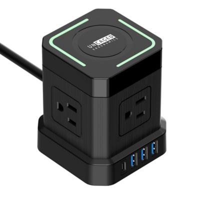 Uncaged Ergonomics Wireless Charging Cube Surge Protector Power Strip with USB Ports, 4 Outlets, USB-C, 10 ft. Cord, Black