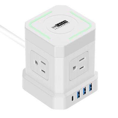 Uncaged Ergonomics Wireless Charging Cube Surge Protector Power Strip with USB Ports, 4 Outlets, USB-C, 10 ft. Cord, White