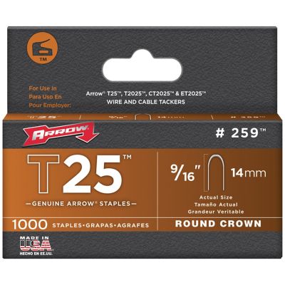 Arrow T25 Round Crown Staples, 1,000 pk., 9/16 in.