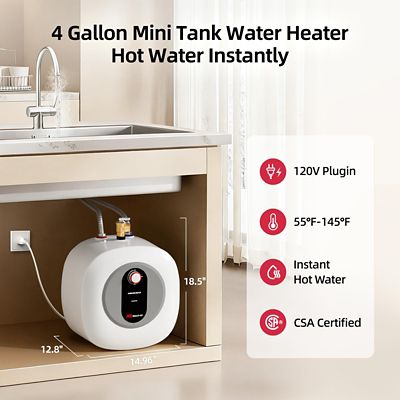 Image showing  Etech 4 gal., 1440 W, 120 V Plug-In Point of Use Electric Tank Water Heater with 6 Year Warranty