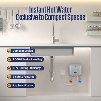 Image showing  APOLO Mini 8 kW 1.5 GPM, 240 V Smart Wi-Fi Control Point of Use Electric Tankless Water Heater, Gray