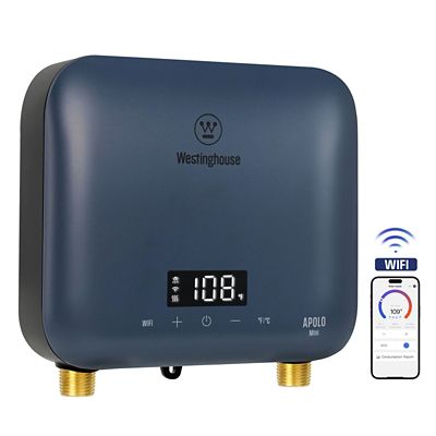 Image showing  APOLO Mini 8 kW 1.5 GPM, 240 V Smart Wi-Fi Control Point of Use Electric Tankless Water Heater, Deep Blue