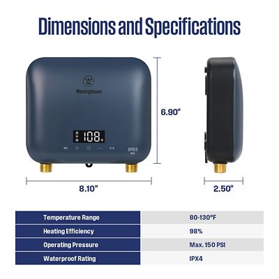 Image showing  APOLO Mini 8 kW 1.5 GPM, 240 V Smart Wi-Fi Control Point of Use Electric Tankless Water Heater, Deep Blue