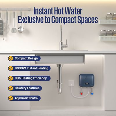 Image showing  APOLO Mini 8 kW 1.5 GPM, 240 V Smart Wi-Fi Control Point of Use Electric Tankless Water Heater, Deep Blue