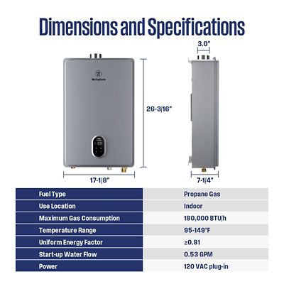 Image showing  Max 8.1 GPM 180,000 BTU Natural Gas Tankless Instant Hot Water Heater NG Outdoor CSA Certified 2 Years Warranty
