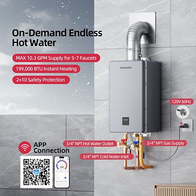 Image showing  Max 10.3 GPM 199,000 BTU Natural Gas Tankless Instant Hot Water Heater Smart WIFI Control Indoor 120 V 2 Years Warranty
