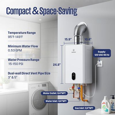 Image showing  Max 10.3 GPM 199K BTU Natural Gas Tankless Instant Hot Water Heater Smart WIFI Control Indoor 2 Years Warranty