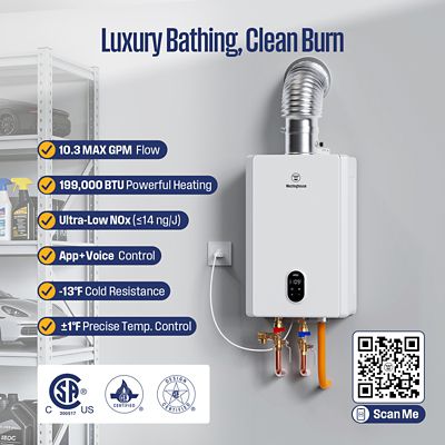 Image showing  Max 10.3 GPM 199K BTU Natural Gas Tankless Instant Hot Water Heater Smart WIFI Control Indoor 2 Years Warranty