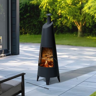Sunjoy 57 in. 2 in 1 Chiminea Fire Pit & Grill, Black Metal Outdoor with Removable Stainless Steel Grill Grate, PVC Cover