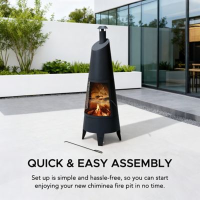 Image showing  57 in. 2 in 1 Chiminea Fire Pit & Grill, Black Metal Outdoor with Removable Stainless Steel Grill Grate, PVC Cover