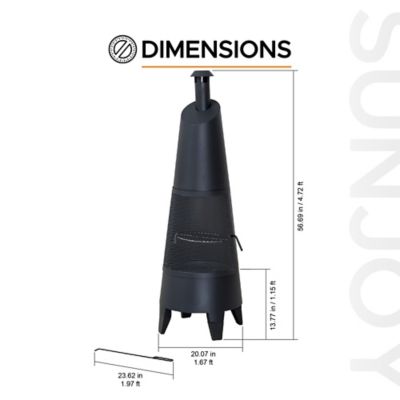 Image showing  57 in. 2 in 1 Chiminea Fire Pit & Grill, Black Metal Outdoor with Removable Stainless Steel Grill Grate, PVC Cover