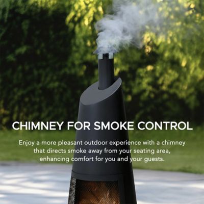 Image showing  57 in. 2 in 1 Chiminea Fire Pit & Grill, Black Metal Outdoor with Removable Stainless Steel Grill Grate, PVC Cover