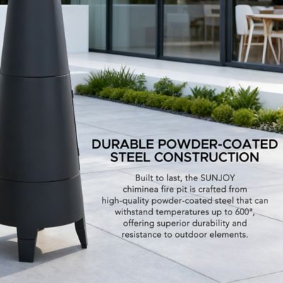 Image showing  57 in. 2 in 1 Chiminea Fire Pit & Grill, Black Metal Outdoor with Removable Stainless Steel Grill Grate, PVC Cover