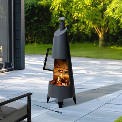 Sunjoy 57 in. 2 in 1 Chiminea Fire Pit & Grill, Grey Metal Outdoor with Removable Stainless Steel Grill Grate, PVC Cover