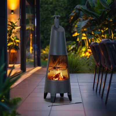 Image showing  57 in. 2 in 1 Chiminea Fire Pit & Grill, Grey Metal Outdoor with Removable Stainless Steel Grill Grate, PVC Cover