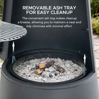 Image showing  57 in. 2 in 1 Chiminea Fire Pit & Grill, Grey Metal Outdoor with Removable Stainless Steel Grill Grate, PVC Cover