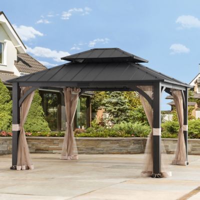 Sunjoy HardTop Gazebo 13 x 15ft. Patio Steel Frame 2 Tier Metal Roof with Netting