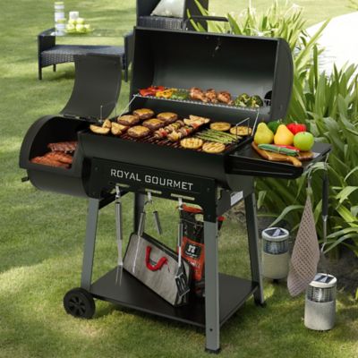 Image showing  Barrel Charcoal Grill with Offset Smoker, Frame Tool Hooks, Bottom Shelf