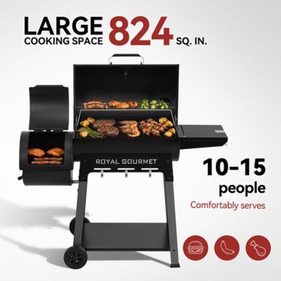 Image showing  Barrel Charcoal Grill with Offset Smoker, Frame Tool Hooks, Bottom Shelf