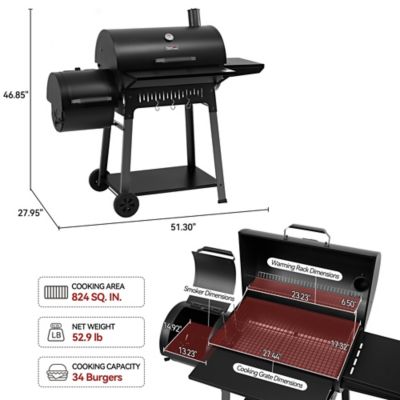 Image showing  824 sq. in. Cooking Area Charcoal Grill with Offset Smoker, Side Shelf with Hooks