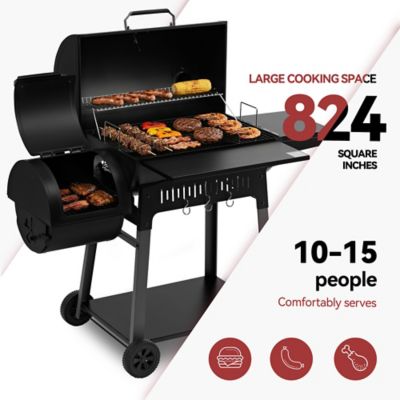Image showing  824 sq. in. Cooking Area Charcoal Grill with Offset Smoker, Side Shelf with Hooks