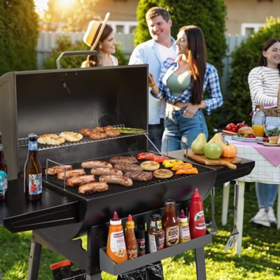 Image showing  Barrel Charcoal Grill with Side Shelves & Hanging Basket, Hanging Basket & Bottom Shelf