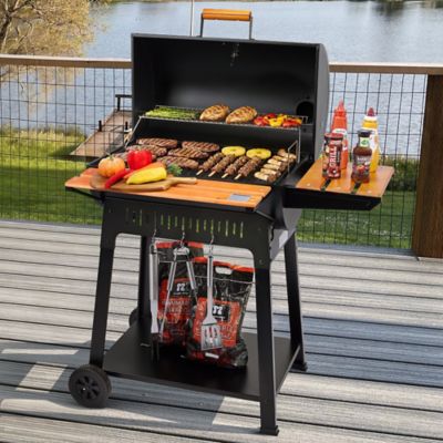 Image showing  824 sq. in. Charcoal Grill with Offset Smoker, Wooden Side Shelf with Hooks
