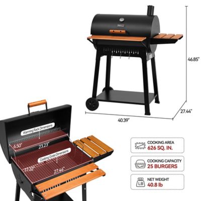 Image showing  824 sq. in. Charcoal Grill with Offset Smoker, Wooden Side Shelf with Hooks