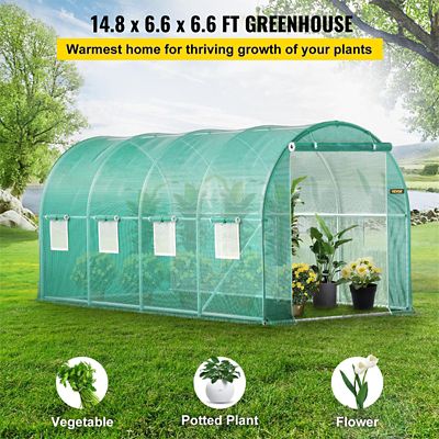 Image showing  Walk-in Greenhouse 15 x 7 x 7ft. with Steel Hoops, Top Beam, Diagonal Poles, Zippered Door and 8 Windows