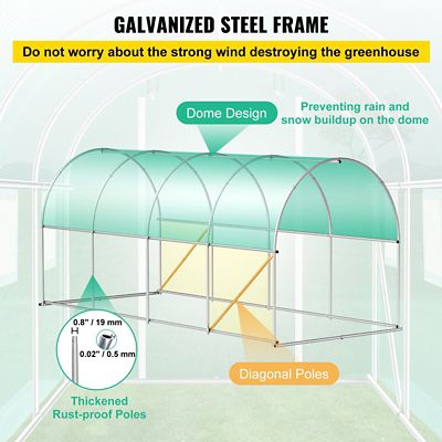 Image showing  Walk-in Greenhouse 15 x 7 x 7ft. with Steel Hoops, Top Beam, Diagonal Poles, Zippered Door and 8 Windows