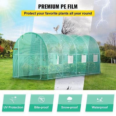 Image showing  Walk-in Greenhouse 15 x 7 x 7ft. with Steel Hoops, Top Beam, Diagonal Poles, Zippered Door and 8 Windows