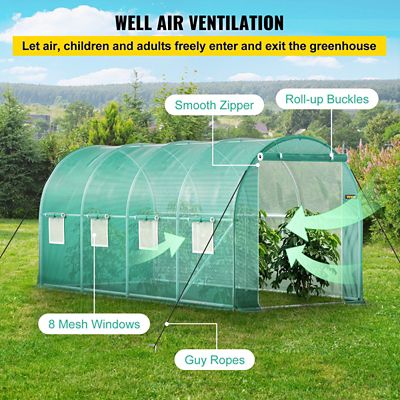 Image showing  Walk-in Greenhouse 15 x 7 x 7ft. with Steel Hoops, Top Beam, Diagonal Poles, Zippered Door and 8 Windows