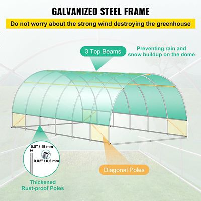 Image showing  Walk-in Greenhouse 20 x 10 x 7 ft. with Steel Hoops, 3 Top Beams, 2 Doors and 12 Windows, Green